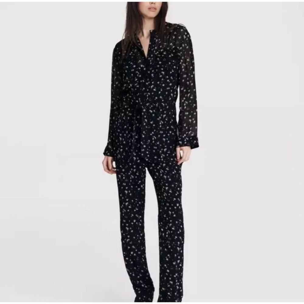 Rag & Bone Ina Floral Jumpsuit Size 2 Navy Blue Sheer Utility Belted NWT $550